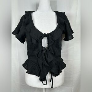Divided Linen Blend Flouncy Ruffle Tie Crop Jacket Blouse Small Black